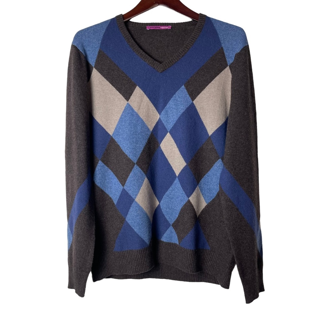 MILA SCHON Men Blue Argyle 100% Cashmere Sweater Size L Italian Grandpa Core